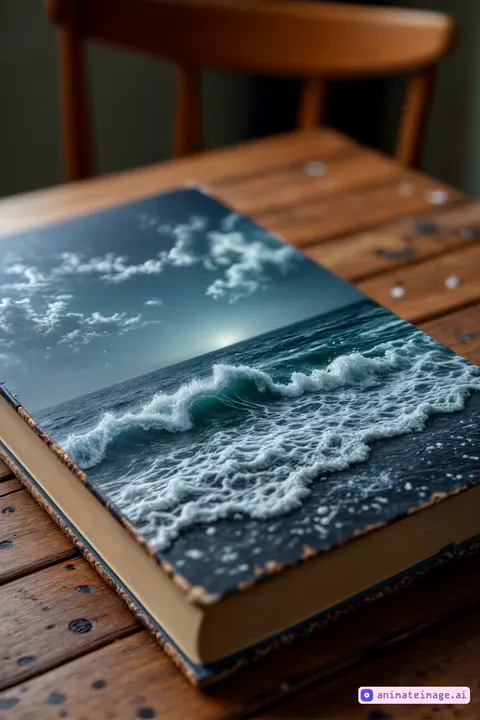 create a dynamic animation where the clouds in he book cover should do a gentle drifting motion with a varying transparency. Start with clouds appearing on the left side and gradually moving them across to the right, while occasionally changing their shapes and brightness to simulate different stages of movement and also the Beach Movement to create high shifts in the beach area to simulate rolling waves