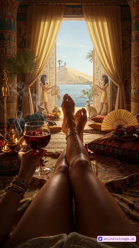 A first-person POV scene with a stable, cinematic camera positioned at leg level, looking outward. The legs remain mostly stationary, resting naturally on a luxurious surface (e.g., bed, divan, or marble slab). Add soft ambient movement to the environment, such as flowing fabrics, flickering candlelight, drifting smoke, or rippling water, to enhance immersion without affecting the legs. Include gentle parallax effects for depth, ensuring the foreground and background interact naturally while keeping the legs central and static. Maintain a dreamy, sensual tone with smooth transitions between elements. Focus on highlighting intricate details in the surroundings (e.g., textures, objects, or drinks) rather than animating the legs themselves.