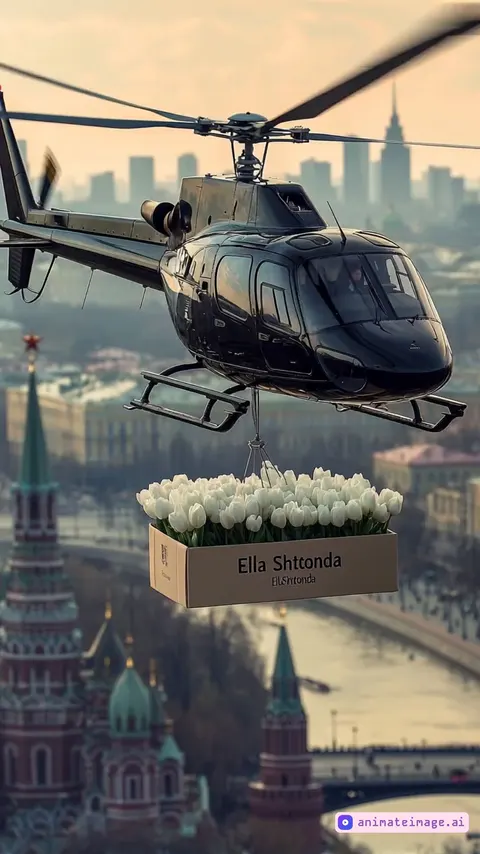 A helicopter flies over Moscow and smoothly turns away into the distance, a box with white tulips gently swaying creates an atmosphere of presence, with smooth movements of objects in the background. Ultra high definition --ar 9:16 --style raw --q 2