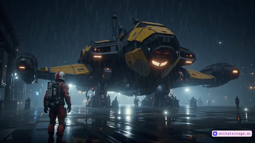 handheld device filming,A starfighter is prepped and takes off in the rain.