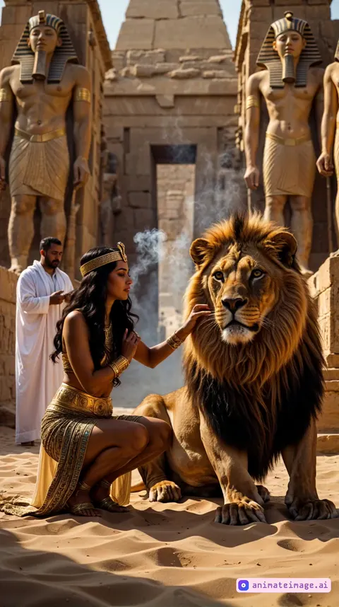 Cleopatra strokes the lion's mane and the lion accepts to be stroked by Cleopatra. The man behind looks at Cleopatra and the white smoke moves freely with the air. The camera pans slightly