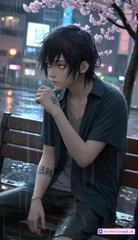 A moody and cinematic cyberpunk anime scene set in a rainy neon-lit city at night. A young man with messy dark hair and striking golden eyes sits alone on a wet bench beneath a blooming cherry blossom tree. Raindrops glisten on his skin, his damp shirt clinging to his frame as he rests his elbow on his knee, lost in thought. The soft glow of streetlights and flickering neon signs reflect in the puddles around him, creating a melancholic atmosphere.Slowly, he turns his head toward the camera, his golden eyes still glowing softly. His lips curl into a sad, knowing smile, a mix of pain and quiet acceptance in his gaze. his arm is slowly placed on his lap. The rain continues to fall, the city moving on behind him, but for this moment, he lingers—alone, yet carrying a story only his eyes can tell,handheld device filming
