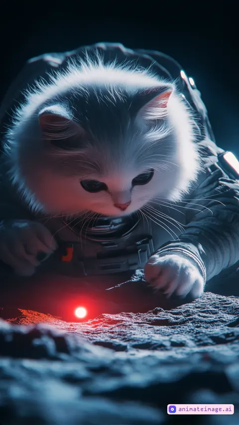 The cat astronaut tries to catch the red dot