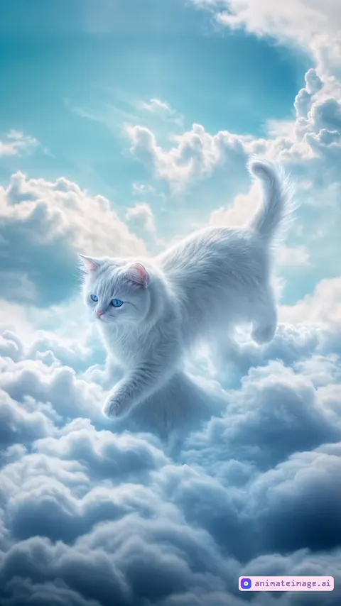 A realistic animation of a white fluffy cat walking smoothly on soft clouds. Its movements are natural and smooth. The paws easily sink into the clouds, leaving light traces. The tail and fur gently sway under the influence of a light wind. The animation should look like a cinematic shot: atmospheric lighting, detailed fur, and natural motion physics,the camera follows the subject moving