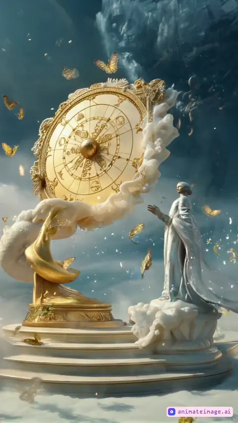 A grand celestial Wheel of Fortune slowly turns, its golden engravings shimmering with divine light. The intricate symbols on the wheel shift as it rotates, hinting at fate’s unseen forces. Around it, golden butterflies dance in the air, their delicate wings catching the glow of floating orbs that drift gracefully. One of the statues gently places a hand on the wheel as if influencing destiny, while the other observes with an air of silent wisdom. Wisps of luminous mist swirl around the scene, enhancing the ethereal ambiance.