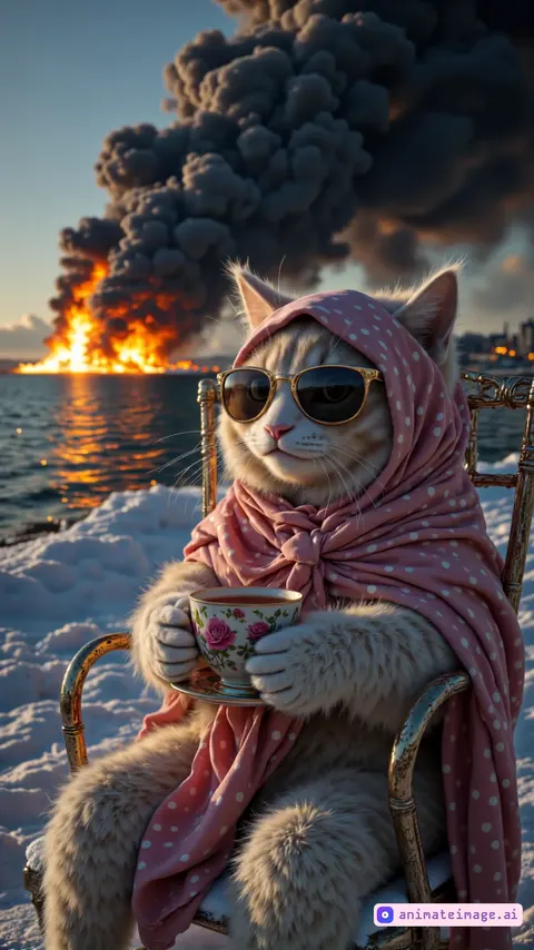 In a surreal coastal scene at sunset, animate a stylish cat sitting confidently on an ornate golden chair perched on a snowy shore. The cat, wrapped in a flowing pink scarf with white polka dots, wears sleek gold sunglasses that glint in the fading light. It holds a delicate teacup with floral patterns, sipping elegantly as the scarf ripples gently in a cool breeze. In the background, a massive fire rages on the horizon, sending thick black smoke billowing into the sky and casting an orange glow across the calm ocean waves. The animation should feature the cat’s subtle head tilt and a slow sip from the teacup, with the scarf fluttering softly and the teacup steaming faintly. The fire crackles and smoke swirls upward, while the waves lap gently against the shore, creating a striking contrast between the cat’s poised demeanor and the chaotic backdrop. Add a faint sound of crackling flames and a distant ocean murmur to enhance the eerie yet sophisticated atmosphere.
