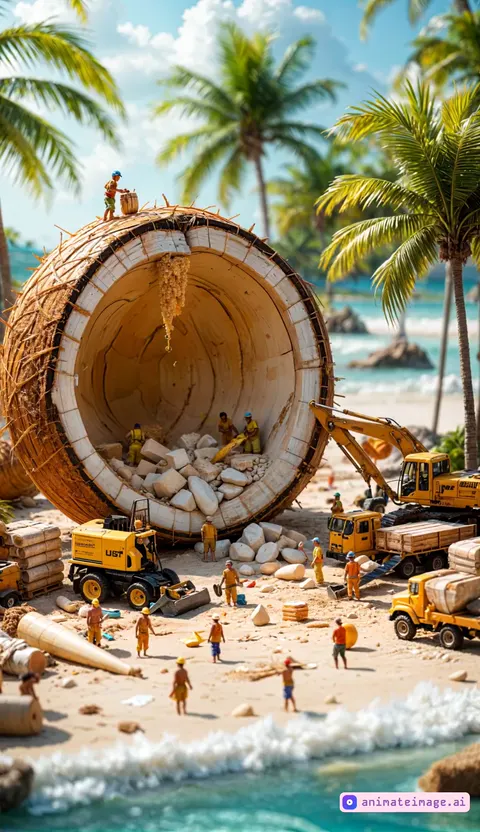 the tiny workers working with their tools, trees moving due to wind, waves on the beach, the camera revolves around slowly