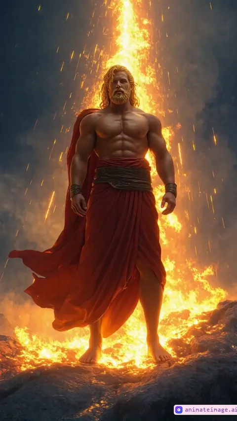 Zeus shoots lightning into the sky, causing a flaming meteor to fall from the sky. 4k, High Definition