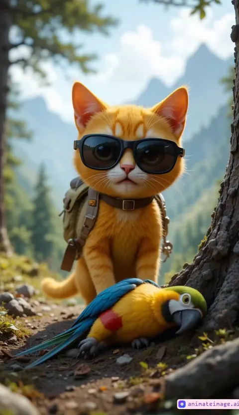 Cat in sunglasses caring for a parrot by a stream