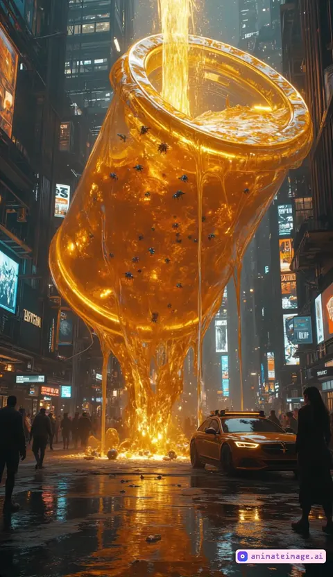 Honey pouring through a cyberpunk city