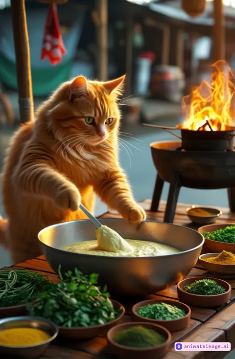 Cat stirring batter as lanterns sway