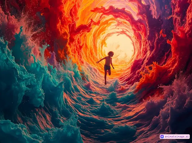 "A young boy runs toward a glowing, radiant vortex of fire and water. The scene is an ultra-realistic CGI animation with cinematic lighting and dynamic motion. The fiery reds and oranges of the vortex blend seamlessly with the crashing turquoise waves, creating an otherworldly yet vivid contrast. Particles of mist and embers float in the air, reacting to his movement. The camera follows him from behind in a smooth, immersive tracking shot as he sprints toward the light. The scene has a dreamlike yet hyper-realistic atmosphere, with fluid simulations for the water and volumetric effects for the fiery vortex. Slow-motion ripples in the water and embers swirling enhance the surreal intensity. 8K resolution, ray-traced lighting, and photorealistic textures ensure maximum detail and realism."