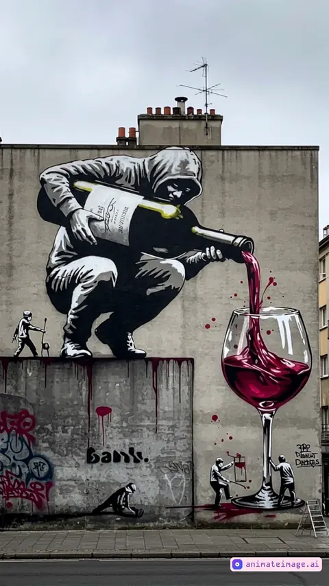 graffity guy is pouring wine into the glass and it starts to floud on the street