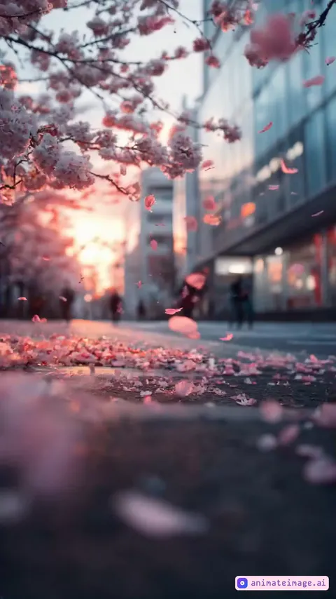 A city street adorned with full-bloom cherry blossoms, bathed in the soft glow of a crimson sunset. A gentle breeze carries delicate petals through the air, making them swirl and dance above the pavement. The ground is layered with fallen blossoms, shimmering in the warm golden-pink hues of the setting sun. In the distance, blurred silhouettes of people move subtly, while the glass windows of modern buildings reflect the fading sunlight. The camera moves at a low angle, following the drifting petals as they graze the ground, creating a fluid, dreamlike motion. A moment where reality and fantasy blend seamlessly, evoking a sense of quiet enchantment in the heart of the city.