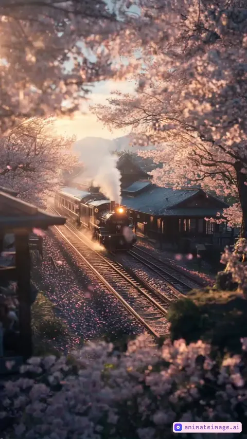 On a tranquil spring evening, a vintage steam locomotive gently arrives at a quiet countryside station, surrounded by cascading cherry blossoms. The golden sunlight filters through the trees, casting a warm glow over the railway tracks, where delicate pink petals have settled. The rustic wooden station exudes an air of nostalgia, as wisps of steam rise and merge with the fading sunlight, creating a dreamlike, timeless atmosphere. The locomotive’s headlamp glows softly, illuminating the surrounding scene, while silhouettes of passengers faintly appear through the train’s windows, adding to the serene mood. The camera smoothly follows the train’s motion, capturing the fluttering cherry blossoms and the interplay of warm light and soft shadows, enhancing the ethereal and cinematic essence of the moment