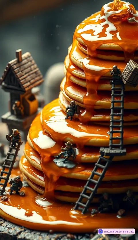 Tiny Vikings pouring syrup on giant pancakes