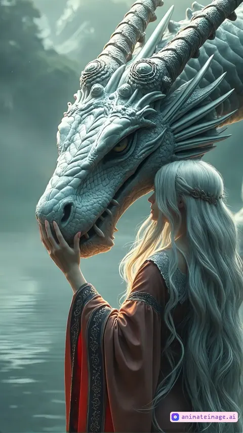 A mysterious fantasy scene with a soft misty background. The environment is calm with a slight breeze moving the trees and the water gently rippling. The dragon blinks slowly and naturally, its eyes showing deep intelligence. The woman, with long silver hair and a flowing gown, caresses the dragon's face tenderly. Her hair sways subtly with the wind, and the dragon's scales reflect the soft ambient light. The overall movement is smooth, realistic, and lifelike, emphasizing the emotional connection between the woman and the dragon.