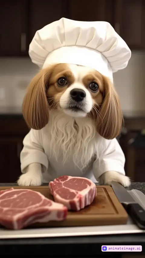 "A cute anthropomorphic dog wearing a small apron, standing in a cozy kitchen. The cat is carefully slicing a carrot and cucumber into thin pieces using a small knife. Its ears twitch slightly with each chop. The kitchen has warm lighting, a wooden countertop, and various cooking utensils hanging on the wall. Highly detailed, cinematic lighting, soft textures, ultra-realistic fur, 4K resolution, artistic composition."