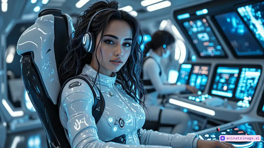 Woman smiling and talking to the camera, typing on that an interactive desk, illuminated neon blue panels projecting complex data streams, futuristic spaceship interior, masterpiece, the camera rotates around the subject