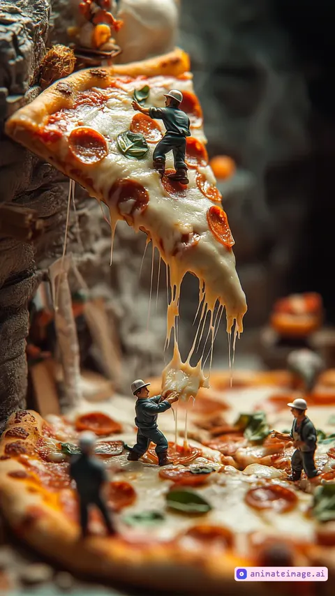 The tiny workers carefully work to land the slice of pizza. The camera slowly surrounds them
