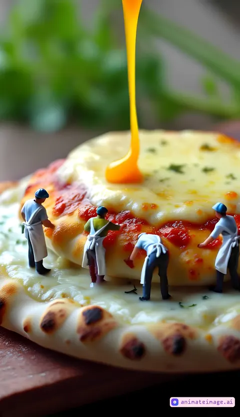 Cheese dripping down a pizza as workers build it