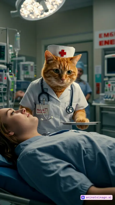 A cat nurse in a white coat looks after her patient in the ER room, medical monitors flicker with real-time data, the camera follows the nurse's meticulous movements. The patient moves slightly looking at the cat nurse, seeming relieved.