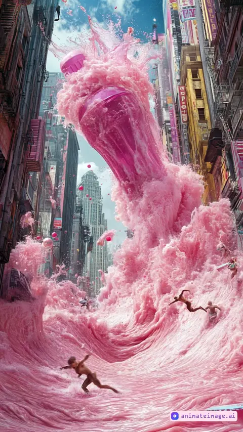 A giant pink soda bottle crashes into the city, unleashing a massive wave of carbonated liquid. The frothy, bubbling drink surges through the streets, forming dynamic, rolling waves. Effervescent bubbles rise and pop as the liquid churns realistically, reflecting sunlight. Small figures ride the waves, surfing skillfully over the foamy crests, their movements fluid and natural. Some struggle to maintain balance as the waves shift unpredictably, while others glide smoothly along the rushing soda. Splashes and droplets scatter into the air, catching the light, adding to the scene’s lively energy. The motion remains highly detailed, maintaining realistic liquid physics.  