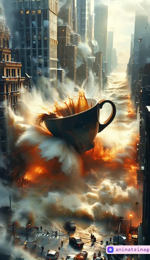 The Coffee is overflowing and spilling into the city