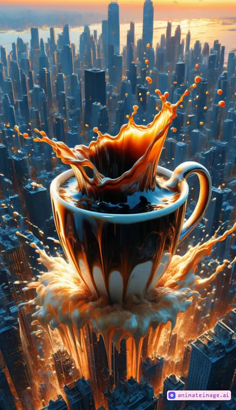 /imagine prompt: A **massive coffee cup**, completely **tilted over**, sits on top of a **tall skyscraper**, spilling a **gigantic wave of steaming coffee** down the building. The cup is fully **upside down**, with the dark liquid **gushing out forcefully**, cascading over the edge and flooding the streets below. The wave crashes onto **cars and terrified pedestrians**, creating **chaos and destruction**. Vehicles are **floating and colliding**, people are running in panic, and steam rises from the burning hot coffee. **Dramatic perspective, ultra-realistic details, cinematic lighting, high chaos, disaster movie scene.** --v 6 --ar 16:9 --q 2 --style 4