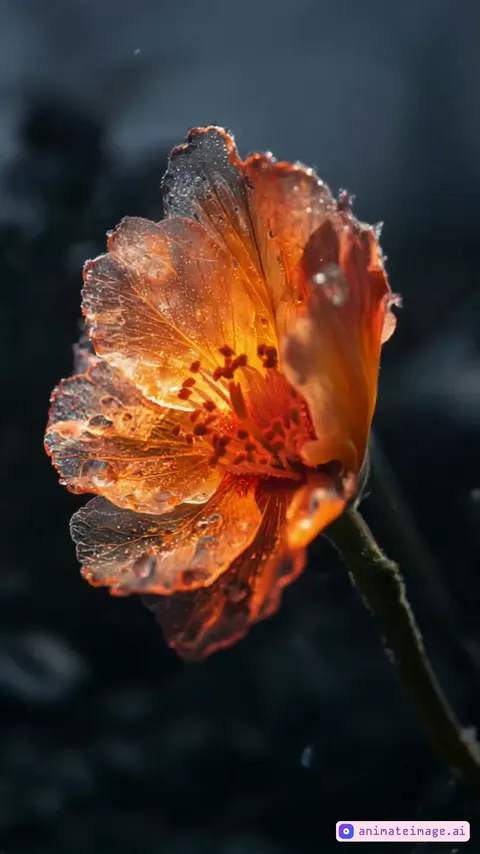 Vertical macro scene of a frozen crocus flower, detailed and glistening. The camera slowly zooms in on the center of the flower as a warm golden glow appears from within. Frost begins to disappear, the petals subtly pulse as if breathing, and tiny drops slide off the edges. Soft particles in the air, cinematic motion, focus on rebirth and gentle transition from cold to warmth.