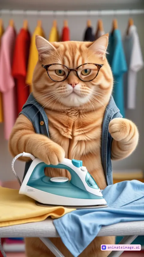 Cat energetically irons clothes while the camera follows