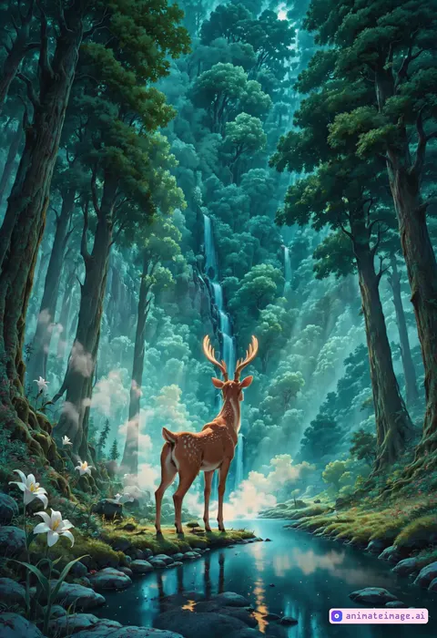 Water flows through the stream,The wind sways the grass and flowers,Mist rises from the spray of the waterfall,A deer is drinking from the water,