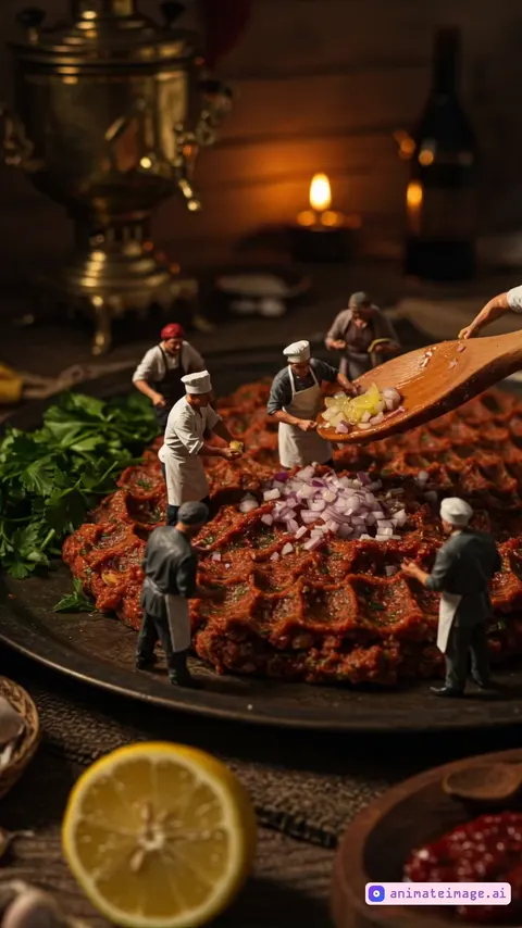 A cinematic sequence featuring a team of tiny, miniature chefs preparing a traditional Turkish çiğ köfte on a grand platter. The scene is set in a cozy, warmly lit environment with authentic Middle Eastern decor, including a brass samovar, candlelight, and rustic wooden textures. The tiny chefs knead the bulgur mixture, chop fresh onions and parsley, and drizzle lemon juice onto the dish. The camera moves dynamically, capturing the rich texture of the dish, the steam rising, and the intricate teamwork of the tiny cooks. The atmosphere is immersive, highlighting the authentic preparation process of this famous dish. The video should be ultra-realistic, detailed, and cinematic, with a warm and inviting color palette.”