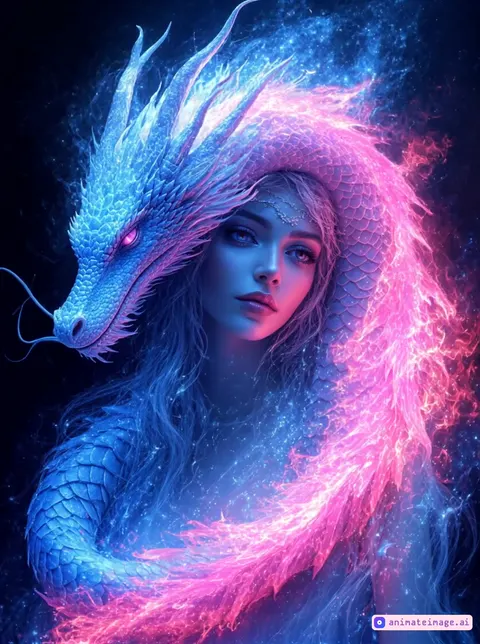 Goddess summons a fire dragon from her hands