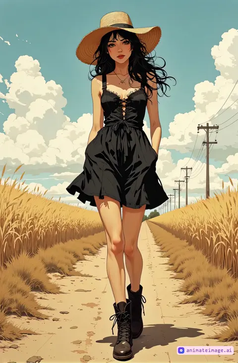 Generate a cinematic hand held video of A stunningly beautiful woman walking towards the camera on a dusty country road, her wavy black hair flowing in the wind behind her back, She is wearing a short black dress and a large hat. After a few steps, she sees the camera and smiles at the camera. The camera begins with a medium shot, then as she woman advances, the camera tilt up, zooming on her eyes