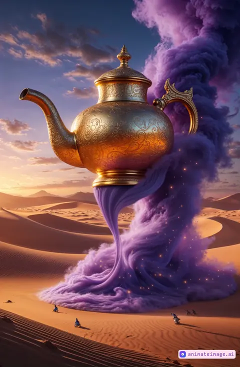 A colossal golden teapot lamp floating above a vast desert at twilight, slowly rotating as intricate golden engravings catch the fading sunlight. The lamp's spout tilts downward, releasing a thick stream of swirling golden and purple smoke. The smoke flows and spirals into the air, merging with the desert winds, creating a massive sandstorm that sweeps across the dunes. The purple and gold hues of the smoke reflect off the swirling sand, casting an ethereal glow. Tiny translucent genies with shimmering golden bodies emerge from the smoke, drifting and twisting with the currents of air. The sandstorm builds intensity, with grains of sand whipping through the air as the lamp continues to release more smoke. The background sky glows with deep orange and violet tones as flashes of light shimmer within the storm. High-contrast lighting, dramatic camera movement, and slow-motion capture of the swirling smoke and sand