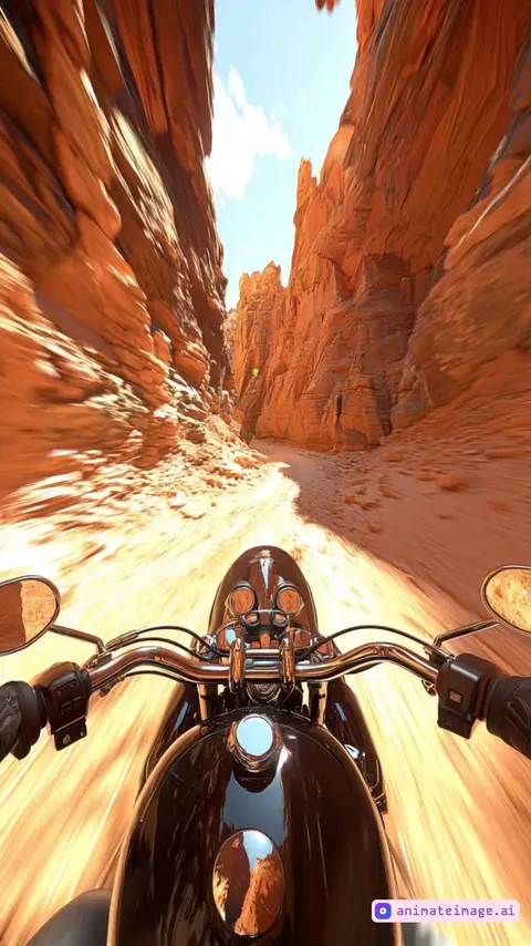 A sturdy motorcycle speeds through a narrow canyon, sunlight glinting off red rock walls, dust swirling behind tires, intense focus with raw realism, first-person perspective capturing every turn.