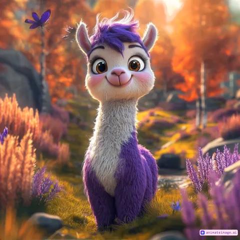 A cute smiling llama walks through the forest, flowers grow and butterflies fly around