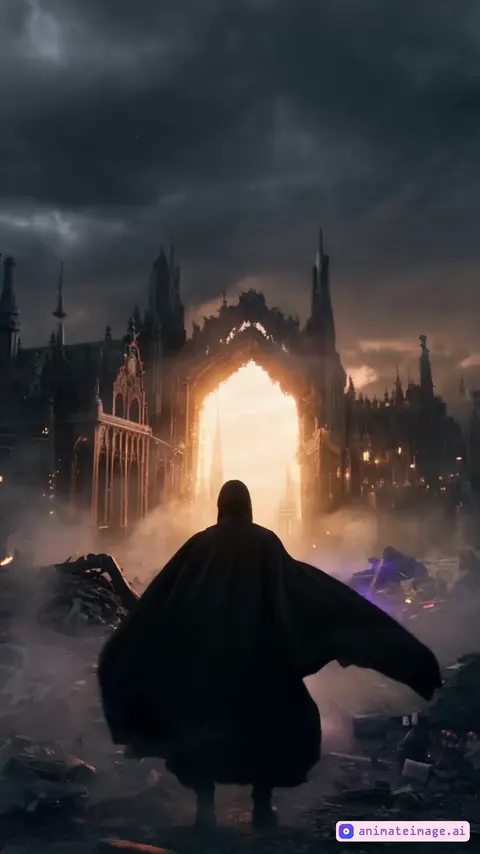 A dark dystopian city in ruins. A lone man in a black cloak stands in the middle of the devastated street. In front of him, a massive, fiery portal has opened, revealing a gothic-style futuristic city beyond. Ominous clouds fill the sky, and the air is thick with post-battle tension and uncertainty. The camera starts behind the man and slowly zooms in, emphasizing the portal’s intense glow and the eerie cityscape. The wind blows his cloak dramatically, flames crackle around the portal, and the distant city lights flicker hauntingly. And then he open the purple jedi lightsaber
