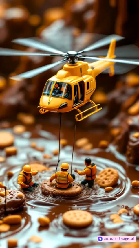 Yellow helicopter flies above and hovering above chocolate river. Rescuers in orange vests standing on cookie island. Blades spinning fast. The camera moves in a 360-degree motion. showing rescue team working together. Smooth movement captures tiny figures from all angles. Chocolate flows around cookie islands. Everything moves in perfect sync.
