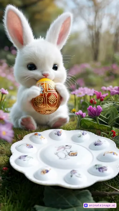Rabbit placing an egg on a platter and winking