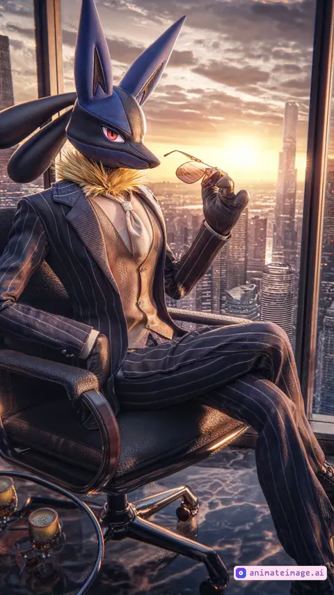 a showcase of fashion video shot, featuring a pokemon character sitting elegantly as an executive, He put the glasses on, While The camera Rotating him.