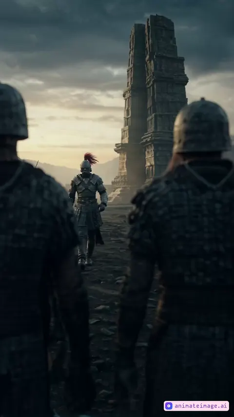 make the attached photo to life with walk of the warrior in a slow-motion style and camera is also slowly tracking him