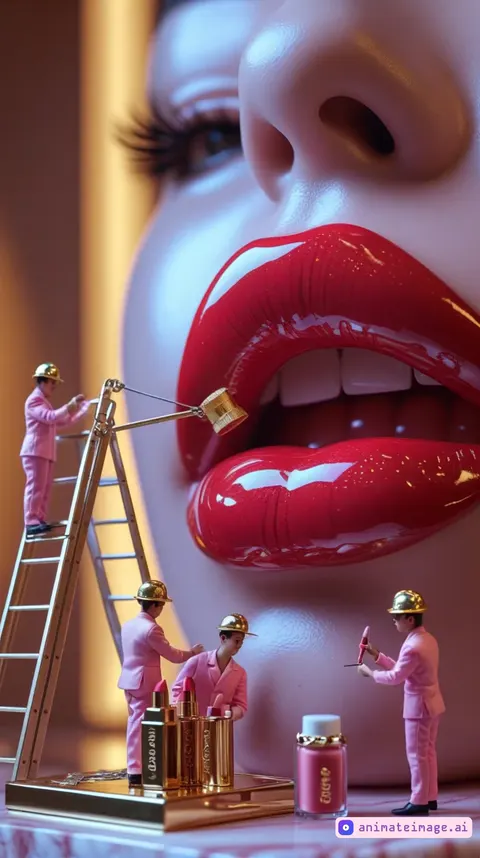 "A whimsical miniature world where tiny workers in yellow helmets and overalls are busily constructing a delicious banana tart. The scene unfolds like a bustling construction site—one worker climbs a ladder to place a fresh banana slice on top of a powdered sugar mountain, while others carry baskets filled with zesty banana chunks. Some workers shovel powdered sugar as if it were snow, while others carefully arrange banana pieces around the tart. The golden sunlight streams in, casting a warm glow over the scene, enhancing the rich textures of the pastry crust and the glossy banana in the background.the camera rotates around the subject