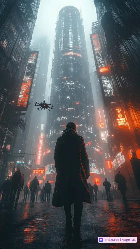 A cinematic cyberpunk cityscape at night, rain pouring heavily, neon lights reflecting on the wet streets. The camera follows a hooded figure in a long coat walking forward, their silhouette dark against the glowing skyscrapers. The city is alive with movement—drones hover and patrol the area, their red lights blinking as they scan the environment. Crowds of people in futuristic attire move in different directions, some with umbrellas, others engaged in holographic displays. The rain splashes dynamically on the ground, and occasional flashes of lightning illuminate the scene. The perspective shifts slightly, emphasizing the grand scale of the towering skyscrapers as the figure moves deeper into the city.