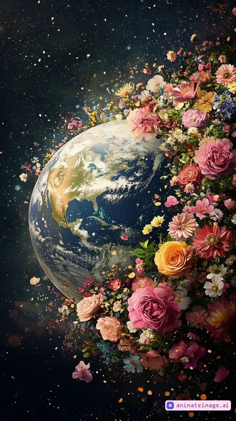 The flowers are blooming arround the earth, slow movement