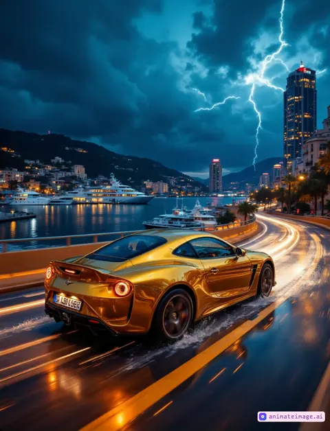 A sleek golden supercar rockets down the rain-soaked coastal road, its tires kicking up dazzling sprays of water and glowing sparks as it tears through the wet pavement. Lightning flashes across the stormy sky, briefly illuminating the luxury yachts and towering cityscape in the background. The camera tracks the car's relentless motion, following its every swift maneuver with precision. Rain lashes against the windshield, droplets streaking over the sleek curves of the vehicle. The engine’s roar echoes through the dark, rain-drenched night, as the golden supercar blazes forward with unstoppable speed, leaving trails of light in its wake.