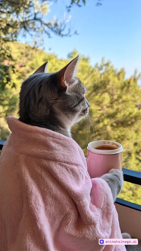cat is drinking coffee from mug