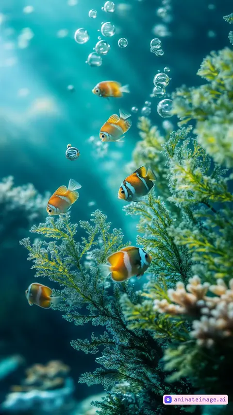 Several clownfish swim among the underwater corals, moving smoothly and naturally. They sway back and forth slightly, synchronizing with the gentle current of the water. Small bubbles slowly rise up, rotating and changing size as they move. Algae near the reef gently sway, responding to invisible underwater currents. The light from above diffuses through the water, creating gentle reflections that change with the movement of the waves. Everything moves smoothly and realistically, emphasizing the natural atmosphere