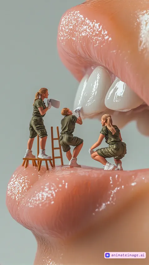 Three miniature women in uniform scrub giant teeth in a cavernous mouth, focused and meticulous, light reflections shifting across enamel as the camera zooms into their tiny tools.